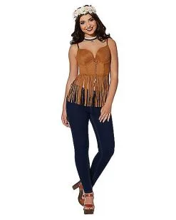 Spirit Halloween Adult Brown Suede Fringe Top -Spooky Costume Store 01315100 c