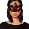 Spirit Halloween Red And Black Lace Sequin Eye Half Mask -Spooky Costume Store 01408558 a