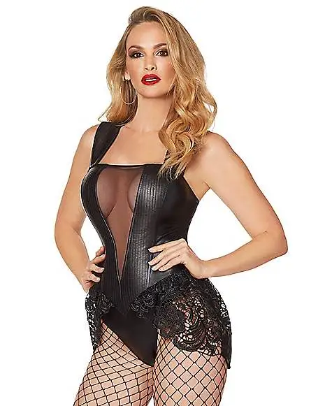 Spirit Halloween Adult Black Faux Leather And Lace Bodysuit 3 Spirit Halloween Adult Black Faux Leather And Lace Bodysuit