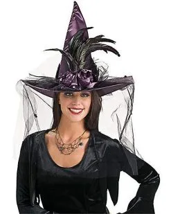 Spirit Halloween Feathered Black Witch Hat -Spooky Costume Store 07012768 a